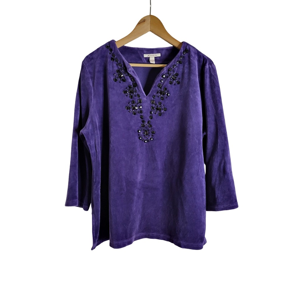 JM Collection Purple Velour Beaded V-Neck Top Embellished Gem L Whimsigoth